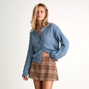 Lulus Carmina Slate Blue Cable Knit Button-Up Cardigan Size Medium Oversized NWT